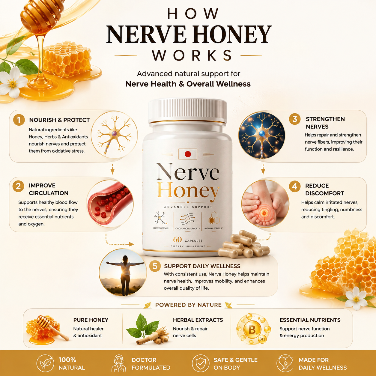 How Nerve Honey works — nourish, circulation, strengthen, comfort, wellness